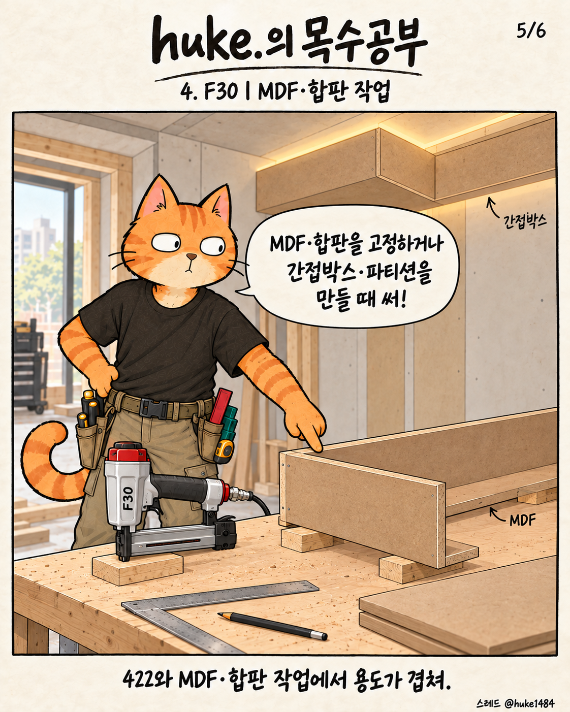 5/6. F30: MDF·합판 고정, 간접박스·파티션 제작에 사용. 422와 MDF·합판 작업에서 용도가 겹친다.